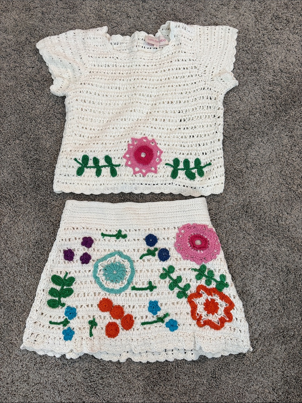 Crochet Two-Piece Floral Set in White with Multicolor Appliqués- Love the label